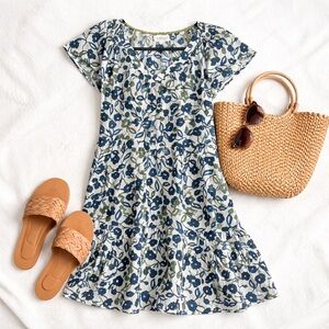 Velvet Ivy Flutter Sleeve Floral Cotton Mini Dress Blue Green XS Boho Summer